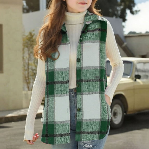 NAISIBABY Girls Sleeveless Jacket, Lapel Plaid with Pockets Button Down Fall Winter Fashion Mid-Length Vest Outwear Green 8T