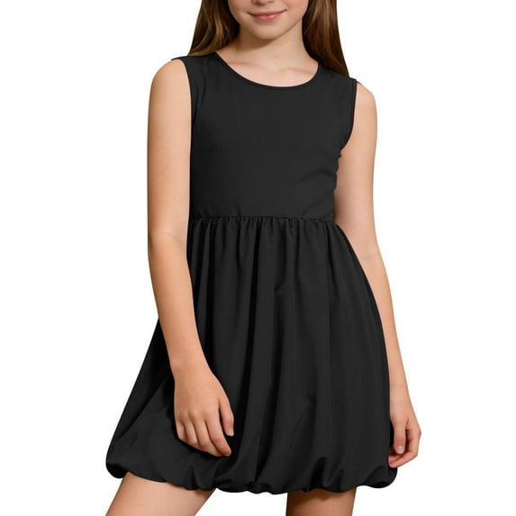 NAISIBABY Girls Sleevless Dresses, Stretchy Crewneck with Pockets Summer Casual Bubble Dresses Black 7T