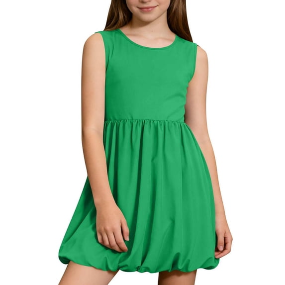 NAISIBABY Girls Sleevless Dresses, Stretchy with Pockets Crewneck Summer Casual Bubble Dresses Green 13T