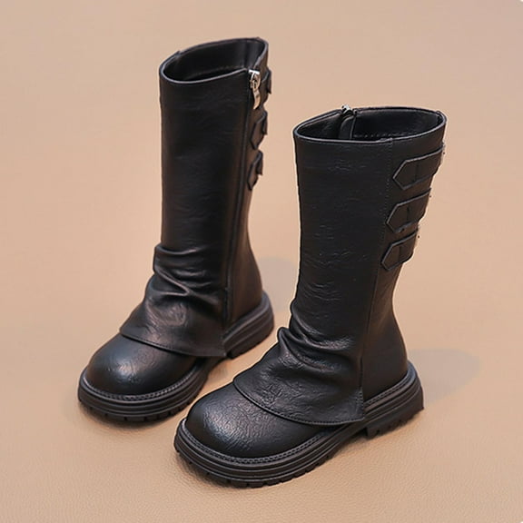 NAISIBABY Girls Slouch Boots, Round Toe Non-Slip Side Zipper Soft Thick Sole Fashion Mid-Calf Riding Boots Black 11.5(Little Kids)