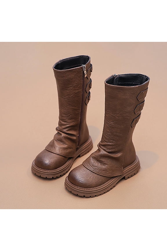 Girls Slouch Boots, Side Zipper Soft Thick Sole Round Toe Non-Slip Fashion Mid-Calf Riding Boots Brown 1(Big Kids)