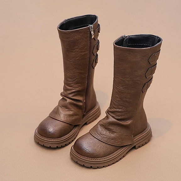 NAISIBABY Girls Slouch Boots, Soft Thick Sole Side Zipper Round Toe Non-Slip Fashion Mid-Calf Riding Boots Brown 2(Big Kids)