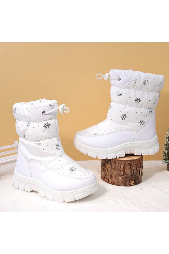 Girls Snow Boots, Warm Waterproof Thicken Soft Sole Fleece Lined Winter Mid-Calf Shoes White 1(Big Kids)