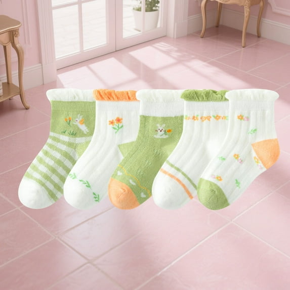 NAISIBABY Girls Socks 5-Pack, Non Slip Cute Stretch Breathable Toddler Cotton Ankle Socks Green 3T