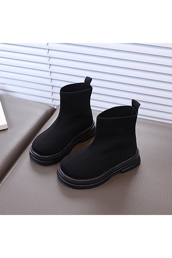 Girls Socks Boots, Thicken Sole Mid Calf Round Toe Winter Pull-On Fashion Boots Black 8(Toddler)