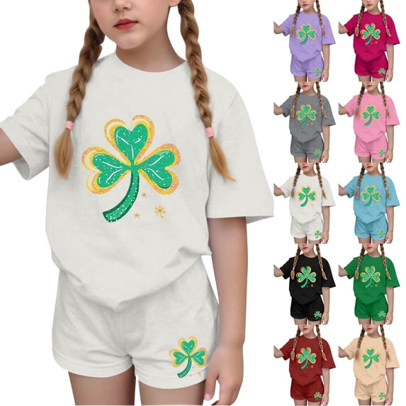 NAISIBABY Girls St Patrick's Day Outfit Set (4-15T), Graphic Short Sleeve T-Shirt and Shorts 2-Piece Casual Fashion Festival Clothes