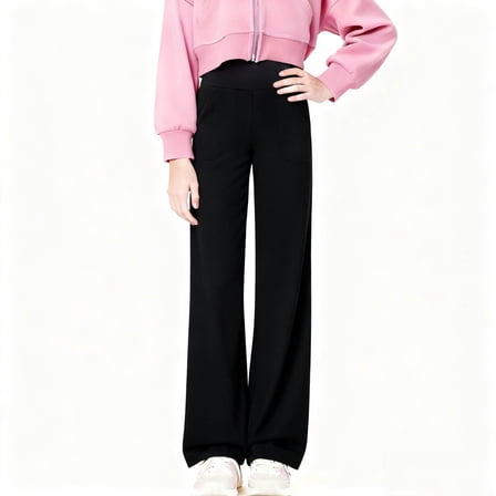 NAISIBABY Girls Straight Leg Pants 12T, with Pockets High Waisted Stretchy Dance Yoga Athletic Pants Black (4-15T)