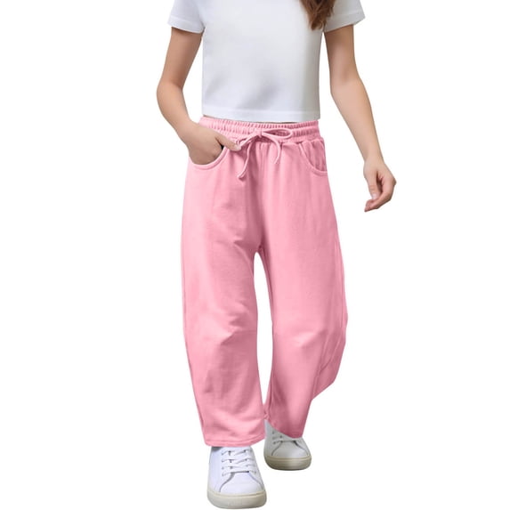 NAISIBABY Girls Straight Leg Sweatpants, with Pockets Loose Casual Drawstring Kids Twill Pull On Pants Pink 6T