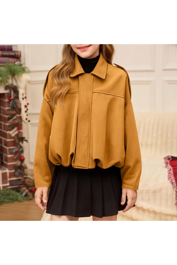 Girls Suede Jacket, Loose Fashion Coat Lapel Elastic Pleated Hem Zip Up Fall Winter Windbreaker Outerwear Yellow 7T