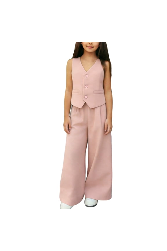 Girls Suit Sets 2-Piece, Sleeveless Button-Up Vest Tops and Wide Leg Pants Kids Fashion Clothing Sets Pink 11T
