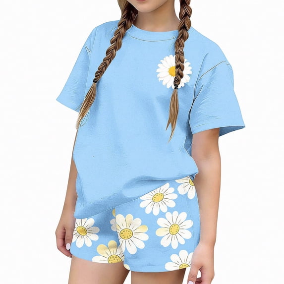 NAISIBABY Girls Summer 2 Piece Outfit, Printed Short Sleeve Crew Neck Top with Elastic Waist Shorts Casual T-Shirt Set Blue Size 14