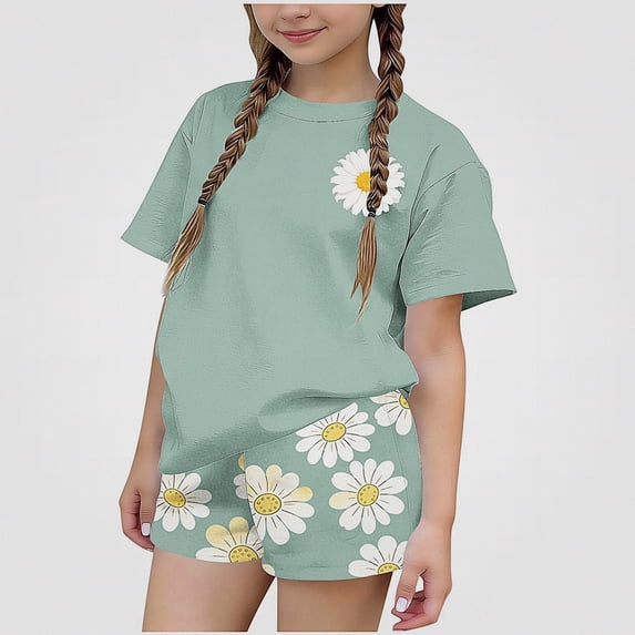 NAISIBABY Girls Summer 2 Piece Outfit, Printed Short Sleeve Crew Neck Top with Elastic Waist Shorts Casual T-Shirt Set Green Size 14