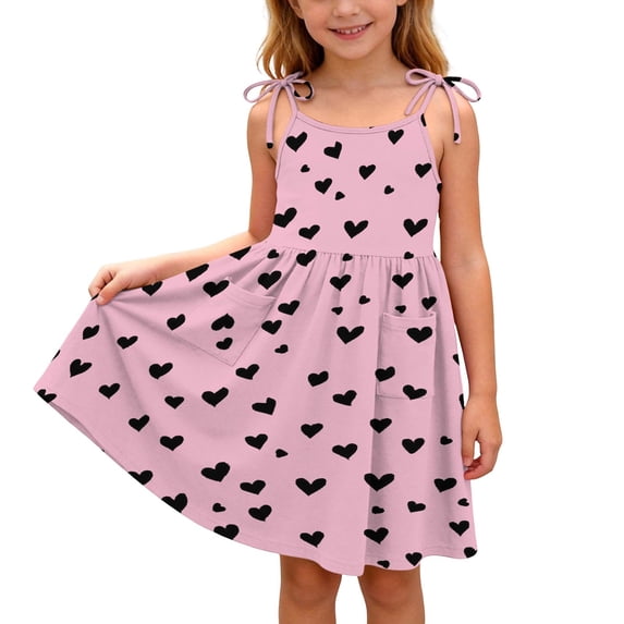 NAISIBABY Girls Summer Casual Dress, Spaghetti Strap Cute Heart Prints Flare Fit Kids Flowy Dress Pink Size 8