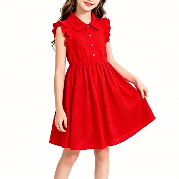 NAISIBABY Girls Summer Dress, Flare Fit Lapel Ruffles Sleeveless Cute A-Line Casual Dress Red Size 4