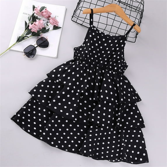 NAISIBABY Girls Summer New Dress, Sleeveless Ruffled Lace Polka Dot Printed Princess Camisole Dress Black 4T