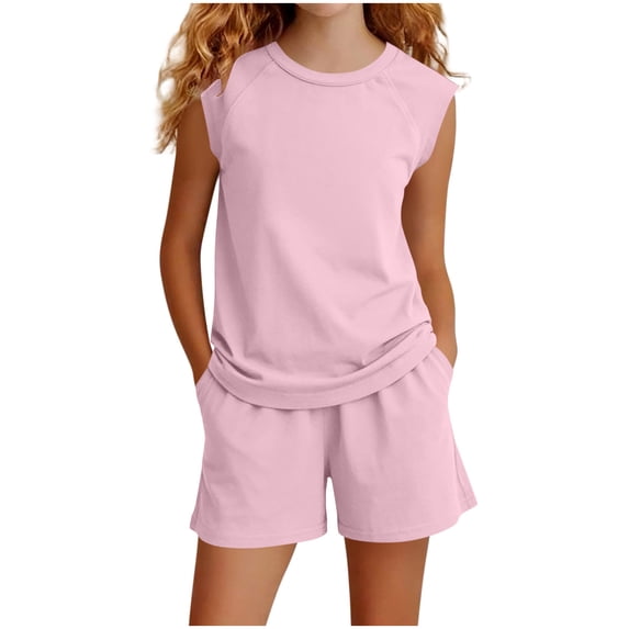 NAISIBABY Girls Summer Outfits, Sleeveless Tank Tops & Shorts with Pockets 2-Piece Kids Active Fit Casual Clothes Sets Pink Size 14