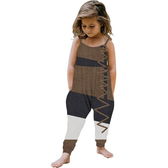 NAISIBABY Girls Suspenders Jumpsuit, Sleeveless Solid Color patchwork Printed Summer Romper Brown 2T