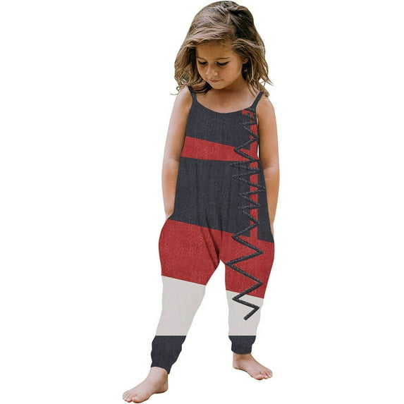 NAISIBABY Girls Suspenders Jumpsuit, Sleeveless Solid Color patchwork Printed Summer Romper Red 5T