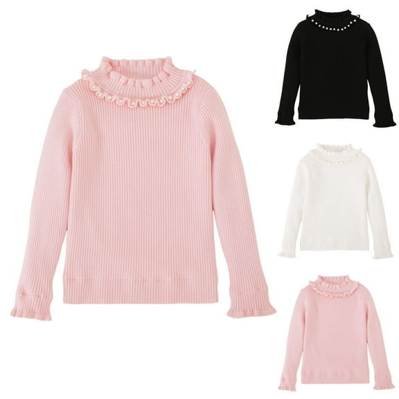 NAISIBABY Girls Sweater 10T, Pullover Ruffles Pearls Crewneck Long Sleeve Fall Winter Dressy Knitted Tops Pink(2-13T)