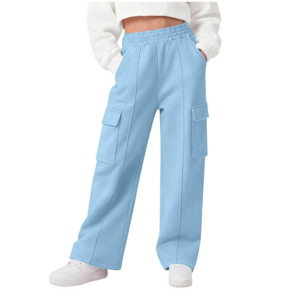NAISIBABY Girls Sweatpants, Straight Leg Elastic Waist with Multi-Pockets Casual Cargo Athletic Pants Blue 7T