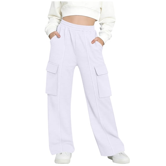 NAISIBABY Girls Sweatpants, Straight Leg Elastic Waist with Multi-Pockets Casual Cargo Athletic Pants White 9T