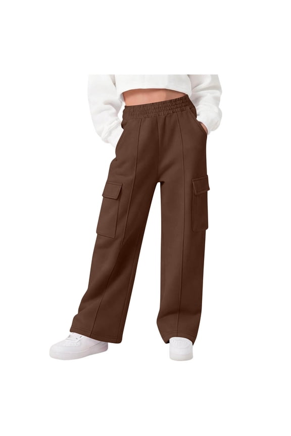 Girls Sweatpants, Straight Leg with Multi-Pockets Elastic Waist Casual Cargo Athletic Pants Brown 12T