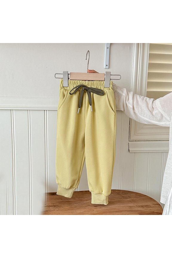 Girls Sweatpants, Suede Straight Leg Drawstring Solid Color Kids Winter Casual Pants Yellow 4-6T