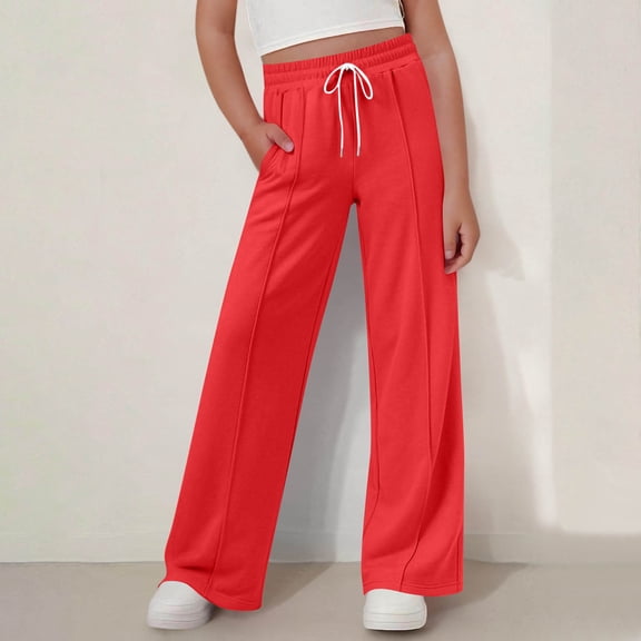 NAISIBABY Girls Sweatpants with Pockets, Drawstring Casual Baggy Wide Leg Fashion Jogger Pants Red 11T