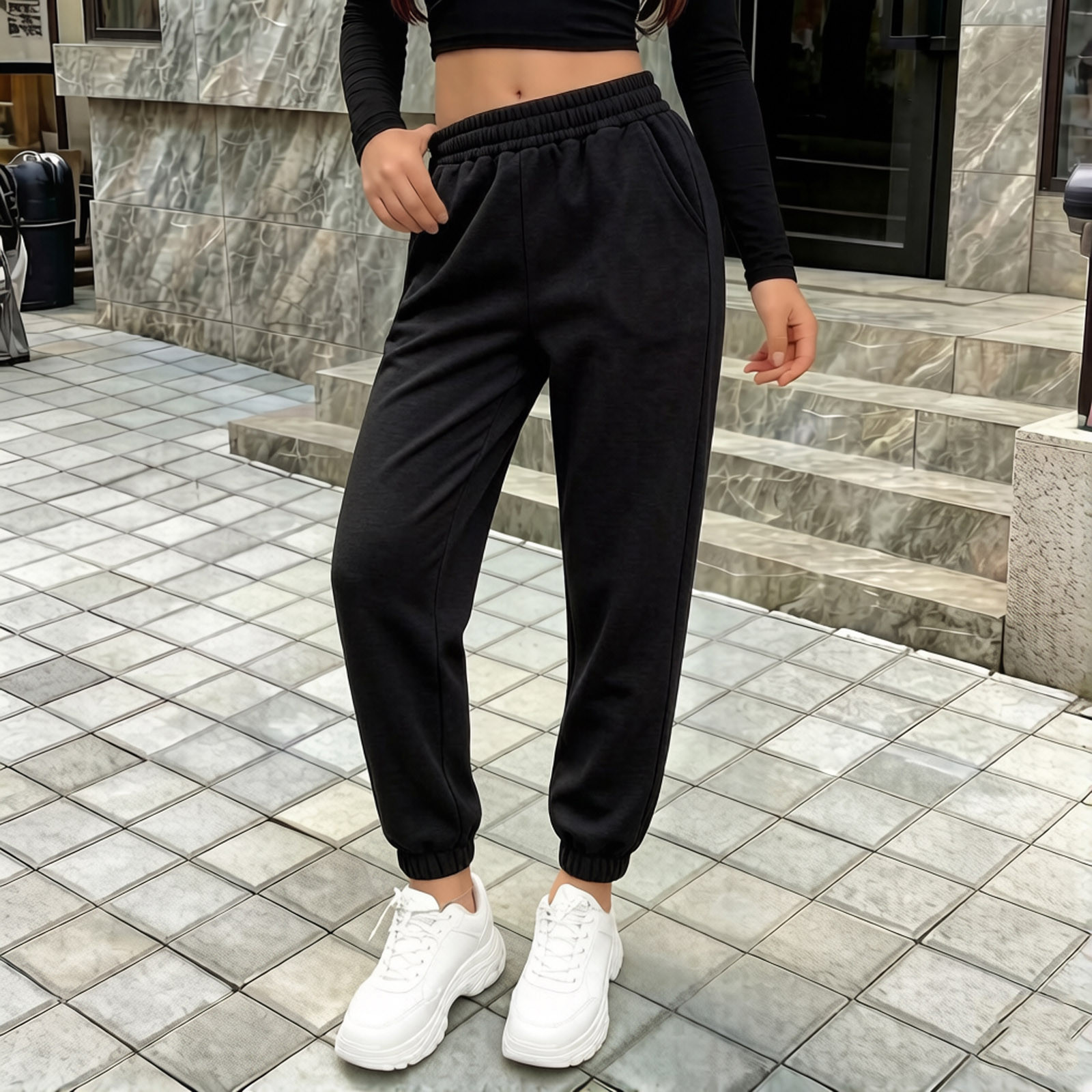 NAISIBABY Girls Sweatpants with Pockets Elastic Waist Cofortable Slim Causal Joggers Black Size 10