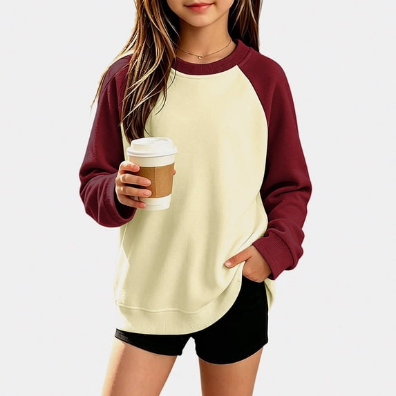 NAISIBABY Girls Sweatshirt – Color-Blocked Crew Neck Long-Sleeve Pullover Tops Wine Size 14