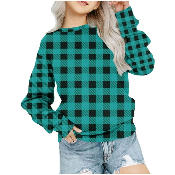 NAISIBABY Girls Sweatshirt, Long Sleeve Crew Neck Plaid Prints Pullover Tops Light Blue 7-8 T