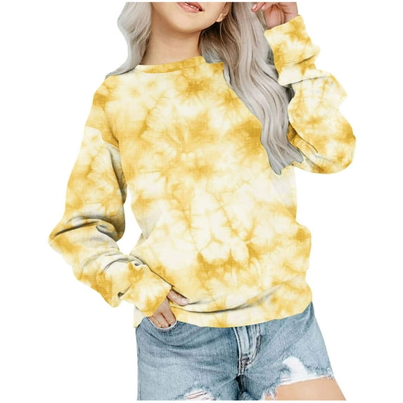 NAISIBABY Girls Sweatshirt, Long Sleeve New Tie Dye Crew Neck Pullover Tops Yellow 5-6 T