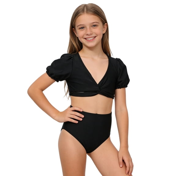 NAISIBABY Girls Swimsuit 2-Piece, Bubble Short Sleeve Tops with High Waist Swim Bottoms Bikinis Beach Bathing Swimwear Black 6T