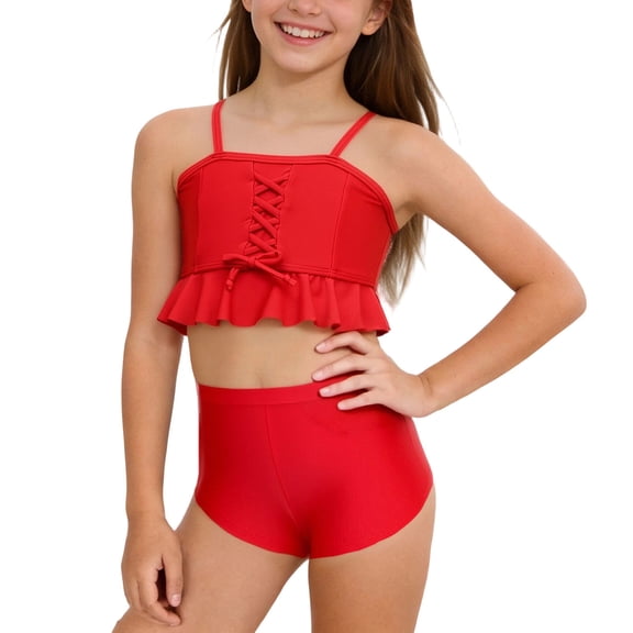 NAISIBABY Girls Swimsuit 2-Piece, Cute Ruffle Tops with High Waist Boyshorts Swimwear Summer Beach Bathing Suit Red 13T