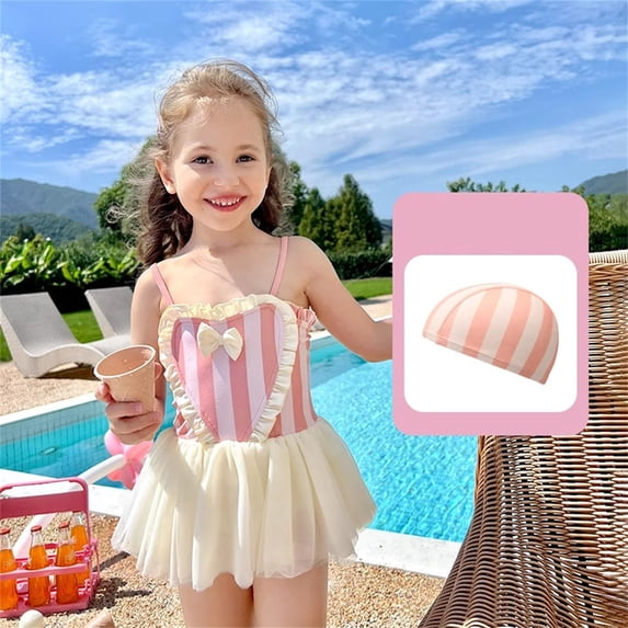 NAISIBABY Girls Swimsuit Skirt with Swim Cap 6T, Quick Dry Ruffle Mesh Cute Bow Summer Beach Princess Bathing Suit Pink