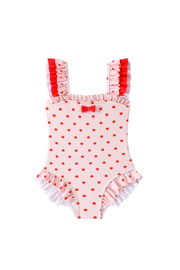 Girls Swimsuits One-Piece (4-11T), Cute Hearts Print Quick Dry Ruffles Summer Beach Bathing Suits Pink 6T
