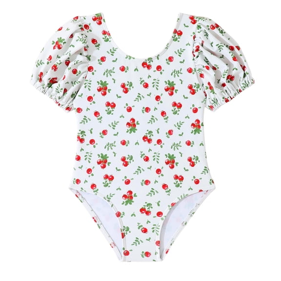 NAISIBABY Girls Swimsuits One-Piece, Bubble Short Sleeve Quick Dry Prints Beach Vacation Bathing Suits White 6T
