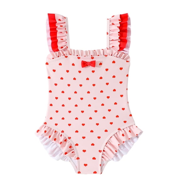 NAISIBABY Girls Swimsuits One-Piece, Ruffles Cute Hearts Print Quick Dry Summer Beach Bathing Suits Pink 8T