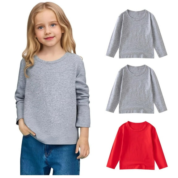 NAISIBABY Girls T-Shirt with Long Sleeve, Crew Neck Super Soft Cotton Loose Fit Casual Pullover Tees 3-Pack Gray 10T