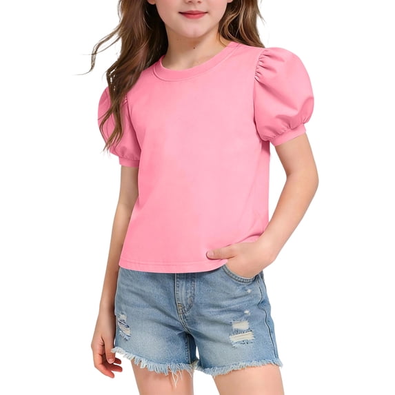 NAISIBABY Girls T-Shirt with Puff Sleeve, Soft Round Neck Comfy Casual Kids Summer Fashion Tee Pink Size 12