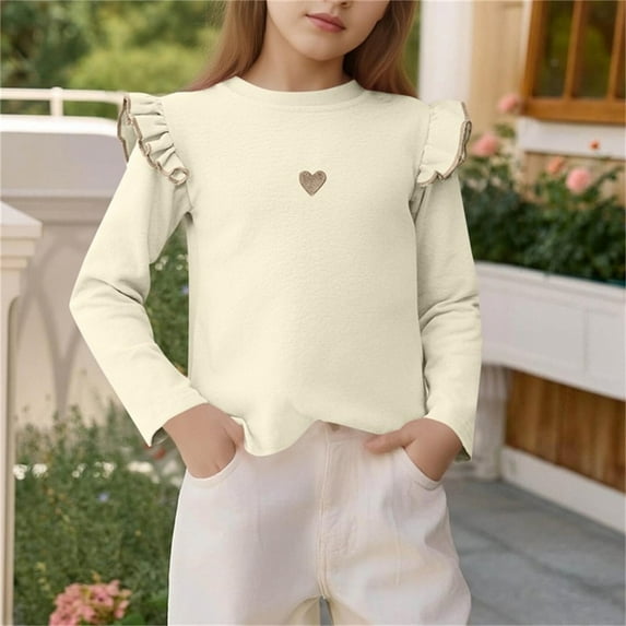 NAISIBABY Girls T Shirt with Ruffle, Fashion Heart Crewneck Fashion Long Sleeve Kids Casual Spring Fall Tops Beige 4T