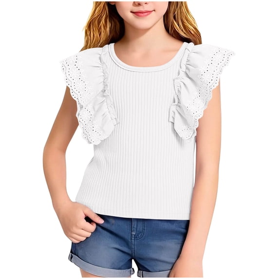 NAISIBABY Girls T-Shirt with Ruffled Sleeve, Crewneck Summer Fashion Soft Knit Kids Cute Casual Tee White Size 6