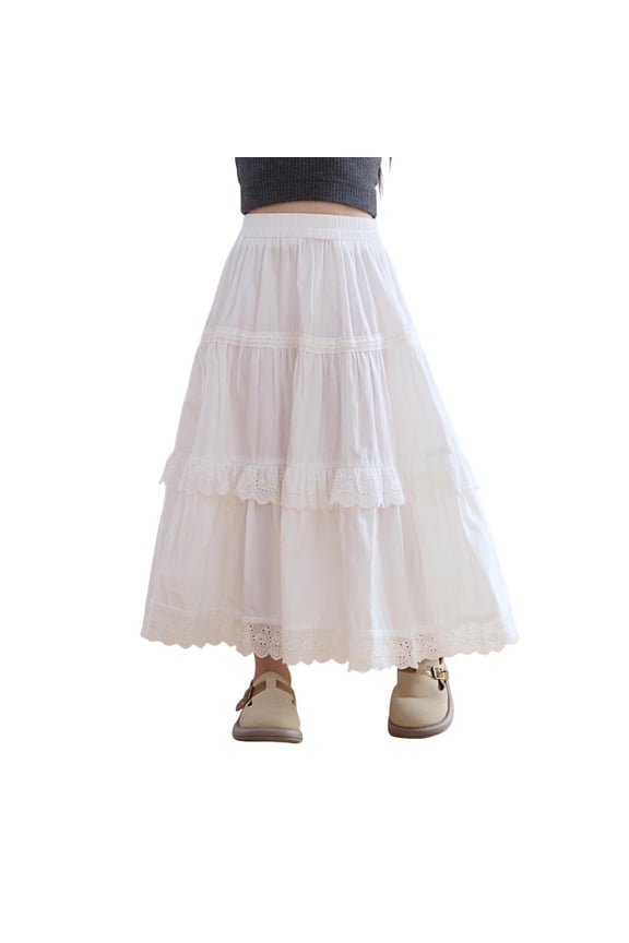 Girls Tiered Maxi Skirt, Summer Flowy Casual Cotton High Rise Kids Layered Cake Skirt with Lace White 3T