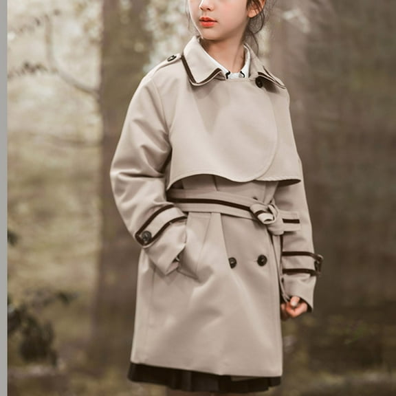 NAISIBABY Girls Trench Coat, Notched Collar Double Breasted Mid-Length Fall British Windbreaker Jacket with Belt Khaki 11T