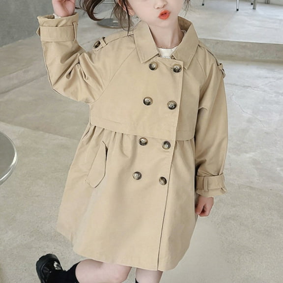 NAISIBABY Girls Trench Jacket with Notched Lapel, Double Breasted British Style Long Sleeve Fall Mid-Length Fashion Coat Khaki 11T