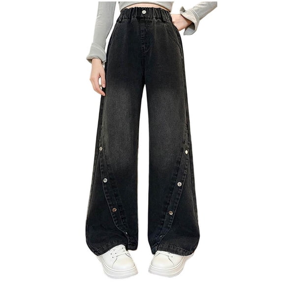 NAISIBABY Girls Trendy Jeans, Loose Casual Wide Leg Elastic Waist Kids Denim Pants with Pockets Black Size 14
