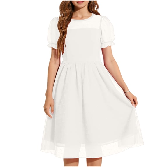 NAISIBABY Girls Tulle Dresses, Mesh Polka Dot Puff Sleeve Flowy Kids Party Princess Dress White 7T