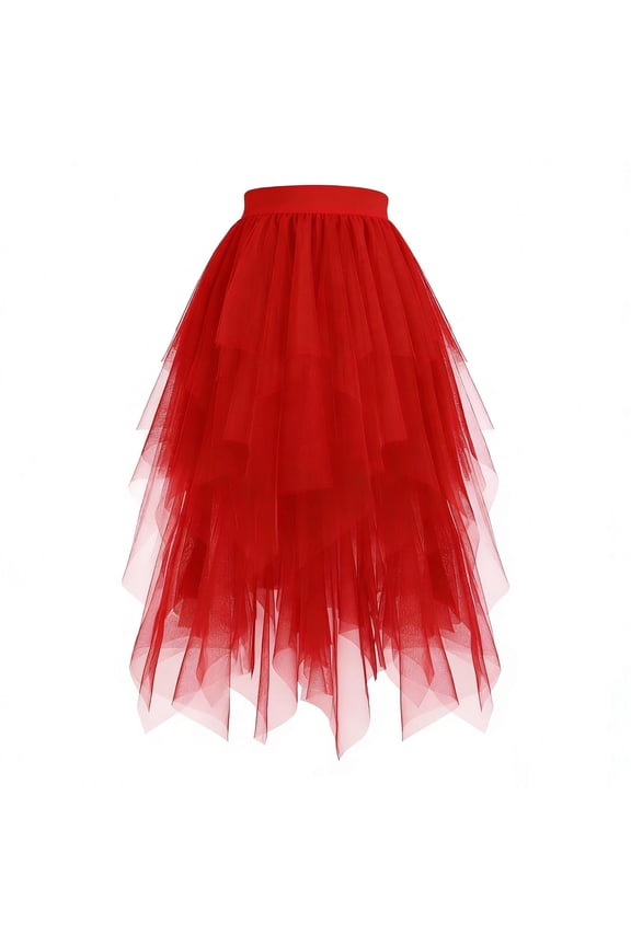Girls Tulle Midi Skirt, Mesh Tiered Summer Casual High Waisted Party Dance Maxi Skirt Red 6T