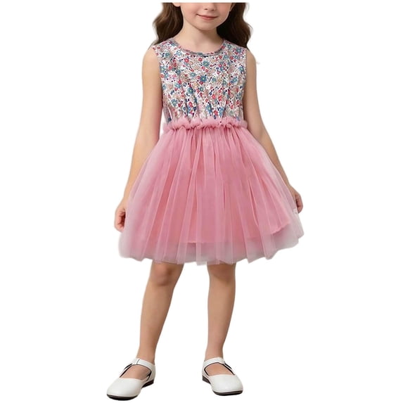 NAISIBABY Girls Tutu Dress, Summer Casual Sleeveless Crewneck Floral Party Princess Dresses Pink 5T