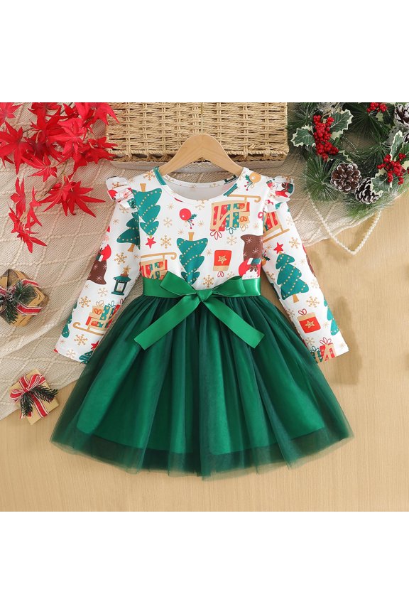 Girls Tutu Dresses, Ruffles Long Sleeve Bow Tulle Festival Prints Casual Party Christmas Dresses Green 1T